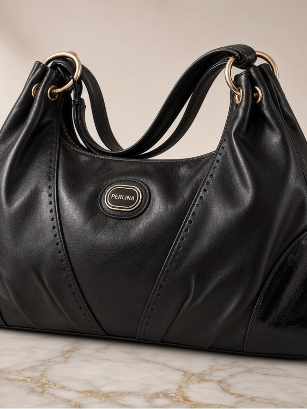 Perlina Black Shoulder Bag with Gold-Tone Rings